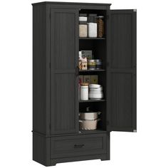 an armoire with two doors and shelves on the bottom, one door open to reveal food