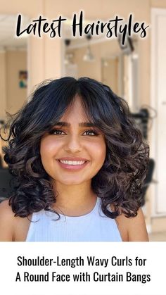 shoulder-length-wavy-curls-with-curtain-bangs-for-a-round-face Short Wavy Haircuts Round Face, Curly Hairstyle 2024, Curly Hair With Bangs Round Face, Medium Curly Hair Styles For Women, Best Haircuts For Curly Hair Face Shapes, Short Haircut For Wavy Hair Round Face, Bangs For Round Face Curly Hair, Curls For Round Face, Short Wavy Haircuts For Round Faces