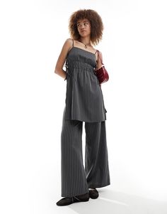 Trousers & Leggings by Reclaimed Vintage Exclusive to ASOS Top sold separately Mid rise Zip-side fastening Wide leg Pants Under Dress, Loose Dress Pants, Baggy Pinstripe Trousers, Wide Leg Tailored Pants, Chic Pinstripe Wide-leg Pants, Classic Pinstripe Wide-leg Bottoms, Pinstripe Wide-leg Bottoms With Relaxed Fit, Luxury Pinstripe Wide-leg Bottoms, Statement Pants