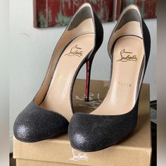 These Christian Louboutin Helmour Glittery Stiletto Pump Sandals Are Brand New, A Glittery Black Color, A Eu Size 39 With A 100mm-4” Heel Height. One Owner, 100% Authentic Purchased From Neiman Marcus. Will Come With The Original Cl Shoe Box And Dustbag. Whatever The Event, This Glitter-Bathed Round Toe Pump Ensures You Sparkle Thanks To Its Half D'orsay Silhouette, Willowy Stiletto Heel And Iconic Red Sole. Please Read Carefully!!!! Please Be Certain Of Your Christian Louboutin Shoe Size And Ca Glitter Pointed Toe Heels For Gala, Elegant Glitter Closed Toe Heels, Glamorous Evening Court Shoes With Sculpted Heel, Sparkling Almond Toe Heels For Evening, Glitter Heels For Evening With Pointed Toe, Evening Glitter Heels With Almond Toe, Luxury Sparkling Heels For Night Out, Elegant Glitter Accents Heels For Gala, Designer Sparkling Heels For Formal Occasions