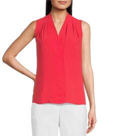 From Anne Klein&#x2C; this blouse features:v-neckline sleevelesspleated shoulder embellishment pullover construction approx. 24.25" length polyester machine wash/line dryImported. Elegant Sleeveless V-neck Top For Work, Spring Viscose V-neck Top, Solid Color Sleeveless Blouse For Work, Fitted Sleeveless V-neck Top For Work, Spring Workwear Sleeveless Blouse, Versatile Solid Sleeveless Blouse, Sleeveless Blouse For Work, Versatile V-neck Top For Workwear, Versatile Sleeveless Viscose Blouse