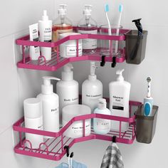 a bathroom shelf filled with lots of personal care products and toiletries in pink shelves