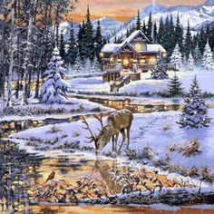 a painting of a deer drinking from a pond in front of a cabin at night