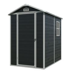 a black shed with the door open and windows on it's side, in front of a white background