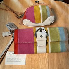 Check Out All My Coach Listings And Accessories New With Tag Coach Rare Suede Multi Color Wallet , Leather Interior And #6744 Design Comes With A Bonus Free Matching Kisslock Purse ( Gently Preowned ) Both Have Wrist Straps And Coach Leather Key Tags Attached White Leather / Silver Hardware The Suede Is Vibrant And Unique Coach Design . Please Message Me With Any Questions . Wallet Approx 8” L And 4” H Kisslock Is 4” X 3” Coach Multicolor Clutch Bag, Multicolor Coach Clutch Bag, Coach Multicolor Wristlet For Travel, Multicolor Coach Wristlet For Travel, Coach Multicolor Travel Wristlet, Elegant Multicolor Clutch Wallet, Elegant Multicolor Wristlet For Everyday Use, Multicolor Coach Wristlet For Daily Use, Coach Multicolor Wristlet