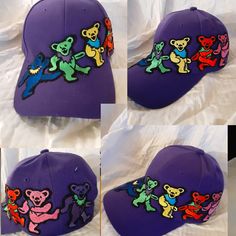 Purple Grateful Dead Hat, Grateful Dead Dancing Bears Hat, One Of A Kind Grateful Dead Hat, Custom Grateful Dead Hat, Rare Grateful Dead Hat, Handmade Grateful Dead Hat Casual Multicolor Fitted Hat With Curved Brim, Casual Multicolor Curved Brim Fitted Hat, Casual Purple Hat For Streetwear, Purple Adjustable Trucker Hat, Casual Purple Baseball Cap With Curved Bill, Casual Purple Adjustable Trucker Hat, Casual Purple Cap, Adjustable Purple Trucker Hat With Curved Brim, Purple Trucker Hat With Curved Brim, One Size