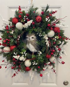 a wreath with an owl in the center and red berries around it on a door