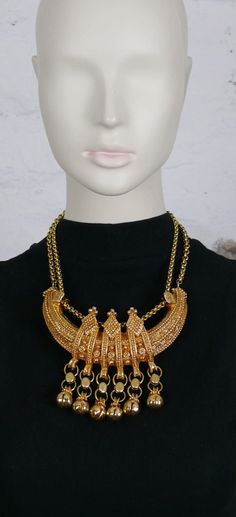 For Sale on 1stDibs - CHRISTIAN LACROIX vintage gold toned Etruscan revival resin plastron necklace featuring an opulent design of friezes, quilted diamond-shaped elements and Heavy Vintage Gold Jewelry, Ornate Gold-tone Metal Jewelry, Vintage Heavy Gold Jewelry, Festive Antique Gold Metal Necklace, Heavy Antique Metal Necklace, Ornate Heavy Brass Necklace, Heavy Ornate Brass Necklaces, Ornate Gold-plated Ceremonial Necklace, Ornate Brass Necklace