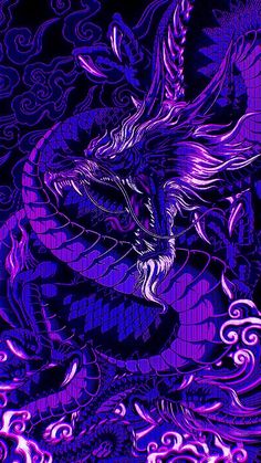 a purple dragon is in the air with its eyes open and it's tail curled up