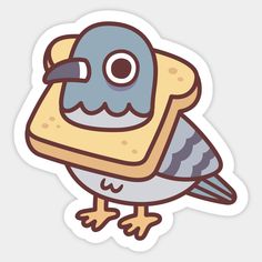 a sticker with an image of a bird holding a piece of bread in it's beak