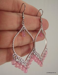 Pink and Silver Chandelier Earrings Silver by JSWMetalWorks Pink Nickel-free Chandelier Earrings As A Gift, Pink Teardrop Chandelier Earrings For Gift, Elegant Pink Dangling Beads Earrings, Elegant Pink Chandelier Earrings With Dangling Beads, Pink Teardrop Metal Earrings, Pink Sterling Silver Chandelier Earrings As A Gift, Pink Teardrop Earrings With Dangling Beads, Elegant Pink Nickel-free Teardrop Earrings, Elegant Pink Crystal Earrings With Dangling Beads