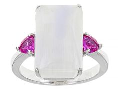 16x10mm Rectangular Octagonal Rainbow Moonstone And 0.46ctw Trillion Lab Created Pink Sapphire Rhodium Over Sterling Silver Ring. Measures Approximately 0.72"L x 0.63"W. Not Sizeable. Finished Under Gallery. Silver Three Stone Rectangular Jewelry, White Radiant Cut Jewelry With Accent Stones, White Radiant Cut Gemstone Jewelry, Broken Chain, Pink Gemstones, Cultured Pearls, Pink Sapphire, Rainbow Moonstone, Gemstone Colors