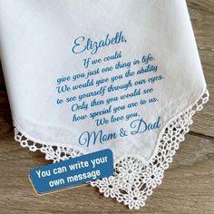 "Elegant and unique daughter gift from mom and dad: A thoughtful gift for any girl, this timeless hankie is crafted using luxurious fabric and embellished with your details. It's sure to become an heirloom piece. Now it's a gift for daughter's birthday or Thanksgiving, and in the future - something blue, something old for her wedding day 100% cotton high-quality handkerchief Hankie Size: 12 x 12 inches approx Create your own Poem/Verse/message. You can write your own unique text. I will do it a maximum of 80 words long. The text is not embroidered, the text is not printed. The text is made of special transfer vinyl. Production time 2 weeks. A lot of different texts for the bride in the folder \"for the bride\" https://www.etsy.com/shop/Mamooby?ref=seller-platform-mcnav&section_id=26720190 Embroidered White Handkerchief Gift, White Embroidered Handkerchiefs As Gift, White Handkerchiefs With Custom Embroidery For Gift, White Handkerchiefs With Custom Embroidery As Gift, Wedding Gift Handkerchiefs With Embroidered Text For Mother's Day, Personalized Cotton Handkerchiefs, White Handkerchiefs With Embroidered Text For Gift, White Handkerchiefs With Embroidered Text As Gift, Cotton Handkerchiefs With Embroidered Text For Gift