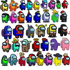 an image of many different types of cartoon character characters in various colors and sizes on white background