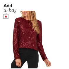 in stock Long Sleeve Tops For Winter Date Night, Long Sleeve Tops For Date Night In Winter, Winter Long Sleeve Tops For Date Night, Trendy Fall Blouse With Sequins, Trendy Sequined Blouse For Fall, Fall Party Blouse With Crew Neck, Fitted Long Sleeve Holiday Tops, Glamorous Long Sleeve Holiday Tops, Chic Crew Neck Tops For Party