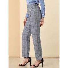 These pants are essential for dressing up or down. Lightweight fabric, covered in a plaid pattern, shapes these trendy trousers with a high-rise fit. How it is a bit high waist and how it gathers at the waist adding shape to the body. You may love everything about these trousers, from their regular fit to the elastic high-waist, which could double as a hiding mechanism for women with love handles. Style these trousers with a crop top and heels for the ultimate look. This fashionable and trendy c Chic Plaid Bottoms For Business Casual, Tailored Plaid Casual Bottoms, Casual Plaid Bottoms For Workwear, Tailored Casual Plaid Pants, Plaid Straight Pants For Office, Plaid Bottoms With Pockets For Business Casual, Plaid High-waisted Pants For Business Casual, High-waisted Plaid Pants For Business Casual, Plaid Ankle-length Pants For Business Casual