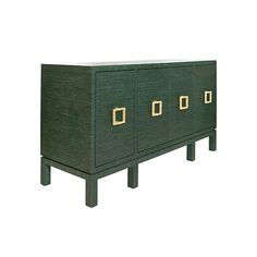 a green cabinet with gold handles on it