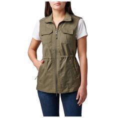 A tactical vest made from Flex-Tac® canvas for durable and stylish utility. The Yulia is finished with Teflon™ for stain resistance and has a drawcord at the waist for a slimmer fit and added warmth. 4 pockets are built-in to the front of the vest for your tools or gear. Imported. | 5.11 Tactical Women's Yulia Vest In Ranger Green | Size Small Military Cotton Vest With Cargo Pockets, Cotton Utility Vest With Side Pockets, Khaki Cotton Utility Vest, Cotton Utility Vest For Outdoor Activities, Utility Vest For Outdoor Work In Fall, Utility Cotton Vest With Multiple Pockets, Fall Utility Vest For Outdoor Work, Cotton Vest With Cargo Pockets For Outdoor Activities, Cotton Vest With Functional Pockets For Outdoor