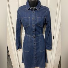 Soft Denim Dress Fitted Gap Dress With Buttons, Fitted Denim Blue Shirt Dress With Buttons, Gap Cotton Dress For Work, Fitted Denim Shirt Dress With Button Closure, Fitted Knee-length Denim Dress, Fitted Knee-length Denim Dress For Fall, Fall Medium Wash Dresses With Buttons, Casual Gap Dress In Medium Wash, Medium Wash Mini Dress For Workwear