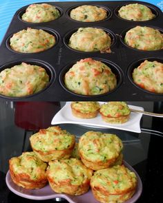 several muffins sitting on top of a purple plate next to a cupcake tin