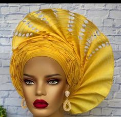 One of a kind ready to wear fan shaped Autogele Colour:Yellow Pre-styled and ready to wear Wear this pre-tied autogele and stand out among the crowd Elegant Yellow Party Headwrap, Adjustable Yellow Headwrap For Spring, Elegant Yellow Turban For Party, Nigerian Gele Head Wraps, Tulle Tops, Traditional Yellow Adjustable Headwrap, White Bridal Robe, African Head Scarf, Simple Dress Styles