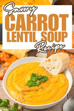 carrot lentil soup in a white bowl with bread on the side and garnished with parsley