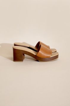 Vegan leather slide mules with a lightweight wooden style heel. Lauren Kate, Unique Heels, Platform Design, Mule Heels, Platform Mules, Platform Block Heels, Footwear Collection, Leather Slides, Handbag Shoes