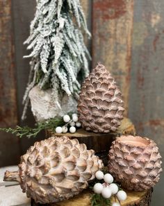 three pine cones sitting on top of each other