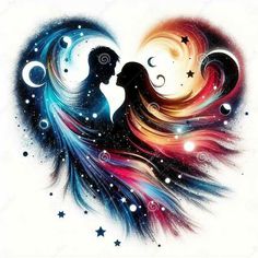 two people are kissing in the shape of a heart with stars and swirls on it