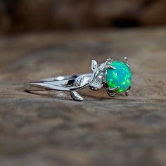 Silver Leaf Branch Kiwi Green Opal Ring Adjustable Green Opal Ring, Green Opal Cabochon Ring, Green Opal Ring Gift, Green Opal Ring As A Gift, Green Opal Ring For Anniversary, Anniversary Green Opal Ring, Blue Opal Ring, Light Green Color, Leaves Design