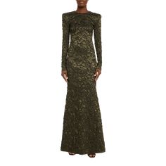 Oscar de la Renta metallic orchid jacquard gown features padding at the shoulders  Jewel neckline Long sleeves Full length  Trumpet silhouette  Back zip closure  Nylon/polyamide/polyester/silk Dry clean Made in Italy Jacquard Gown, Trumpet Silhouette, Evening Flats, Cocktail Jacket, Evening Cocktail, Platform Pumps, Lingerie Sleepwear, Bergdorf Goodman, Designer Collection