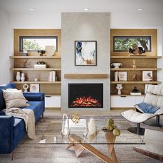 a living room filled with furniture and a fire place in the middle of the room