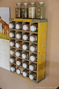 a wall mounted spice rack filled with lots of spices