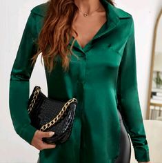 Silk Green Blouse That Were Never Worn Didn't Fit. Satin Tops Blouses Classy, Satin Tops Blouses, Sue Barker, Satin Blouse Outfit, Dark Green Blouse, Plain Tunic, Satin Bluse, Fashion Tops Blouse, Satin Blouses