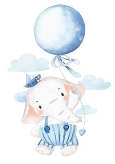 an elephant is flying in the sky with a balloon attached to it's back