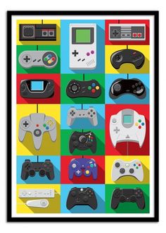 a poster with different video game controllers on it