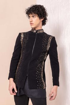 Black jodhpuri with sequins hand embroidery. Paired with a plain short kurta and a matching pant. - Aza Fashions Embellished Long Sleeve Bandhgala For Festivals, Fitted Sequined Traditional Wear For Designer Occasions, Fitted Sequin Traditional Designer Wear, Winter Embroidered Fitted Kurta, Party Embroidered Straight Kurta Bandhgala, Bollywood Style Embellished Fitted Kurta, Embroidered Bandhgala For Party, Party Bandhgala With Embroidery, Embellished Fitted Traditional Wear With Long Sleeves