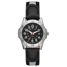 The George Men's analog watch boasts a black easy-read dial and a gunmetal case, accompanied by a mixed-material black smooth vegan leather and canvas inlaid strap. Ideal for your leisurely moments, this watch seamlessly blends style and functionality. With its modern design and versatile materials, it's the perfect accessory to complement your casual downtime, offering both a contemporary look and comfortable wear for any laid-back occasion. Size: one size.  Gender: male.  Age Group: adult. Classic Durable Watches, Durable Black Stainless Steel Watches, Durable Black Stainless Steel Watch, Black Analog Watch With Adjustable Fit, Adjustable Black Analog Watch, Casual Black Chronograph Watch Accessories, Classic Black Outdoor Watch, Black Watch With Metal Round Dial, Casual Black Watches With Subdials