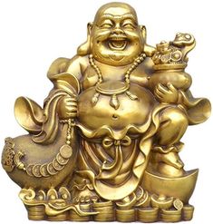 a golden statue of a laughing buddha holding a fish and potted plant in front of it