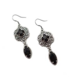 "This is a new handmade pair of earrings. They are made with antiqued silver plated filigrees, accented with high quality JET BLACK glass rhinestones. Earrings measure 2 1/2\" tall, including stainless steel earring hooks, and are 3/4\" wide. Matching necklace and headpiece are available in our store." Victorian Filigree, Gothic Victorian, Black Onyx Stone, Filigree Earrings, Victorian Gothic, Antique Earrings, Earring Hooks, Onyx Stone, Stainless Steel Earrings