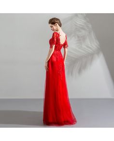 Buy Elegant Red Flowy Long Tulle Formal Dress With Appliques Sleeves at wholesale price online. Free shipping and pro custom service since 2009. Formal Red Tulle Dress, Elegant Red Tulle Evening Dress, Elegant Red Tulle Gown, Red Tulle Formal Dress, Red Tulle Evening Dress With Sweep Train, Fitted Red Tulle Dress, Red Fitted Tulle Evening Dress, Red Short Sleeve Evening Dress For Formal Occasions, Red Fitted Tulle Dress