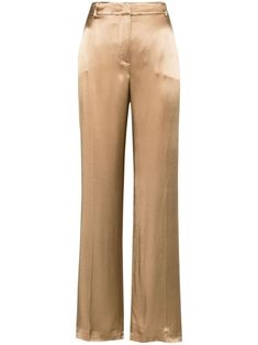 golden brown satin finish straight leg mid-rise concealed front button, hook and zip fastening belt loops two diagonal pockets to the sides pressed crease straight hem Satin Trousers, Brown Satin, Versace Outfit, Yoko London, Trouser Pants Women, Alberta Ferretti, Straight Leg Trousers, Pants Straight, Golden Brown