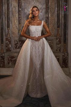 a woman in a white dress Mermaid Wedding Dress With Detachable Train, Wedding Dresses Overskirt, Two Piece Wedding Dress Detachable, Overskirt Wedding Dress Removable, Wedding Dress With Detachable Train, Square Neck Wedding Dress, Dress With Detachable Train, Flare Wedding Dress, Sparkly Wedding Dress