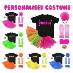 the personalised costume includes neon colored tutu skirts, socks and headbands