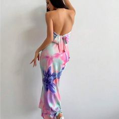 Super Cute And Stylish Ships In 5-10 Business Days Backless Floral Print Midi Dress For Party, Backless Floral Midi Dress For Party, Pink Halter Neck Dress For Summer Parties, Backless Floral Print Halter Dress For Party, Backless Halter Dress With Floral Print For Party, Pink Floral Print Halter Maxi Dress, Pink Floral Print Maxi Halter Dress, Chic Pink Halter Dress For Vacation, Multicolor Backless Dresses For Summer Parties