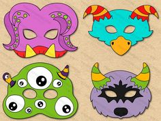 four masks with different colors and designs on the front, one is purple, one is green