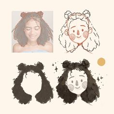 three different drawings of girls with curly hair, one wearing a top knot and the other smiling