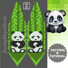 a panda bear sitting on top of a green plant with the text pattern and instructions below it