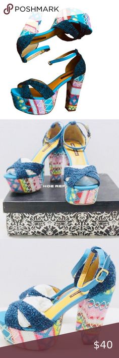 NEW SHOE REPUBLIC Dorian Blue Platform Sandal-Sz 7 NIB SHOE REPUBLIC LA Dorian Blue Multicolor Vegan Platform Sandals-Size 7 Gorgeous, colorful & unique open toe sandal with wide ankle straps & chunky block heel. Heel is approximately 5” & platform is 2”. From a smoke and pet free home. Ships within one business day. Shoe Republic LA Shoes Platforms Blue High Heel Synthetic Sandals, Blue Platform Sandals With Closed Toe, Blue Closed Toe Platform Sandals, Blue Cushioned Synthetic Heels, Blue Synthetic Heels With Cushioned Footbed, Blue Synthetic Sandals With Block Heel, Multicolor High Heel Fabric Sandals, Summer Blue Fabric Heels, Blue Wedge Heels With Cushioned Footbed