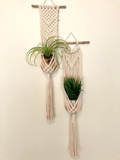 two macrame wall hangings with plants in them